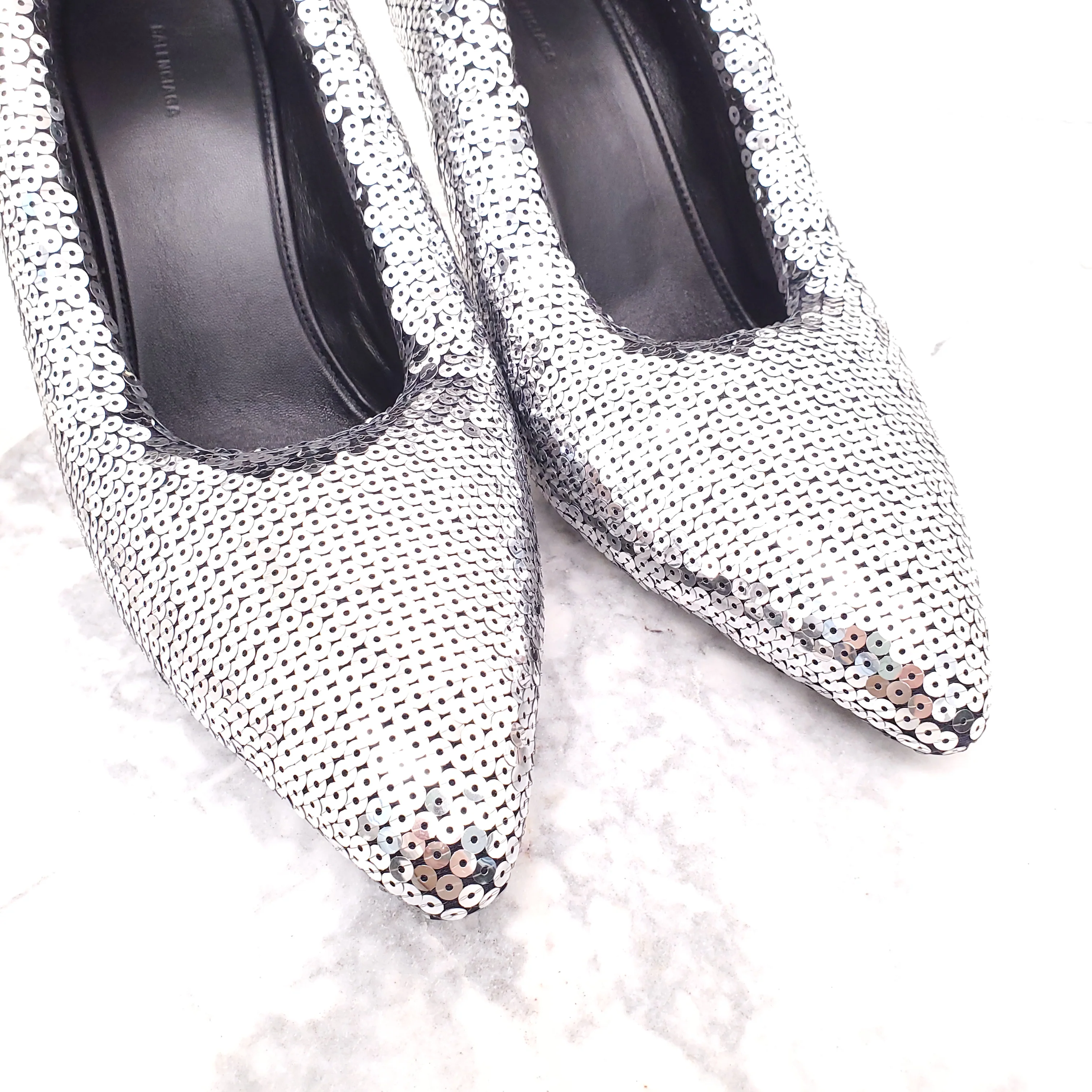 BALENCIAGA XL PUMP SILVER SEQUIN HEELS - SIZE 38 - Image 5