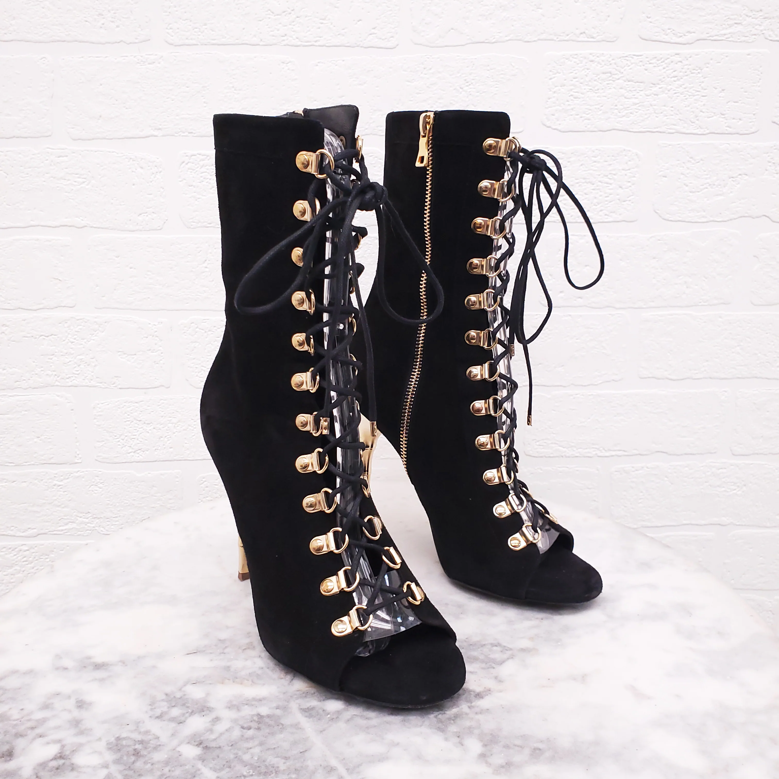BALMAIN BLACK SUEDE LACE UP BOOTIES WITH GOLD HEEL - SIZE 37 - Image 3
