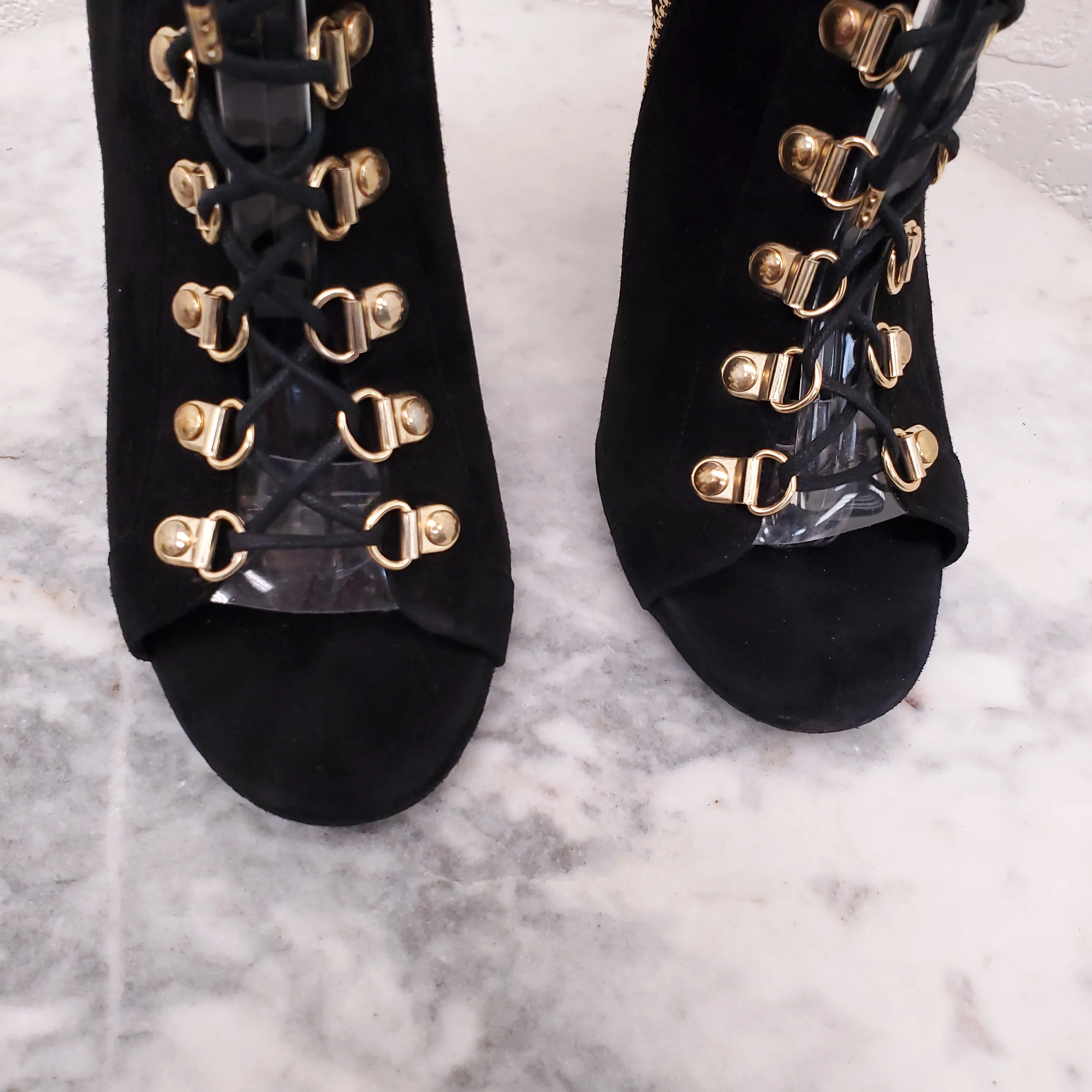 BALMAIN BLACK SUEDE LACE UP BOOTIES WITH GOLD HEEL - SIZE 37 - Image 4