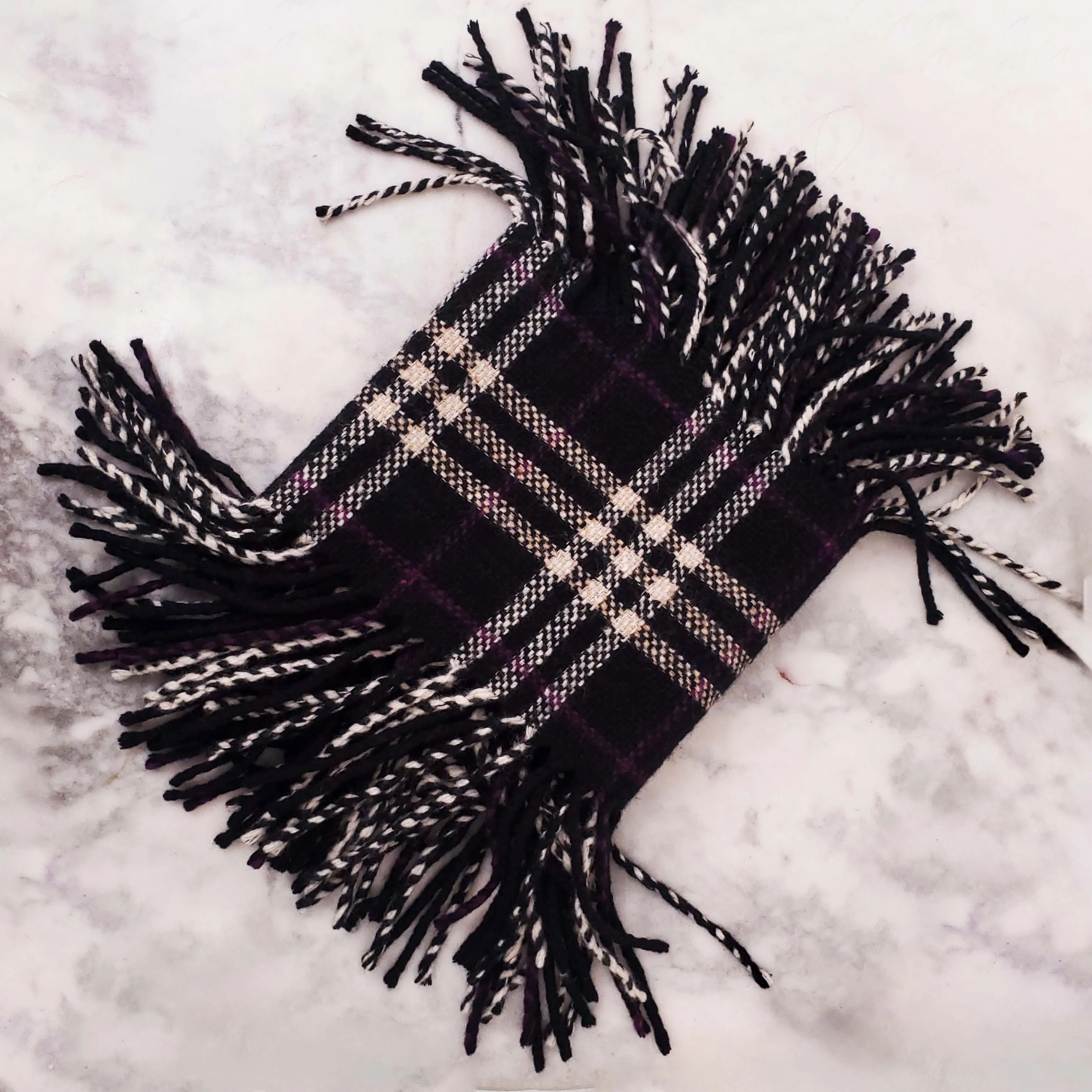 BURBERRY BLACK, CREAM AND PURPLE CHECK SCARF WITH FRINGE - Image 3