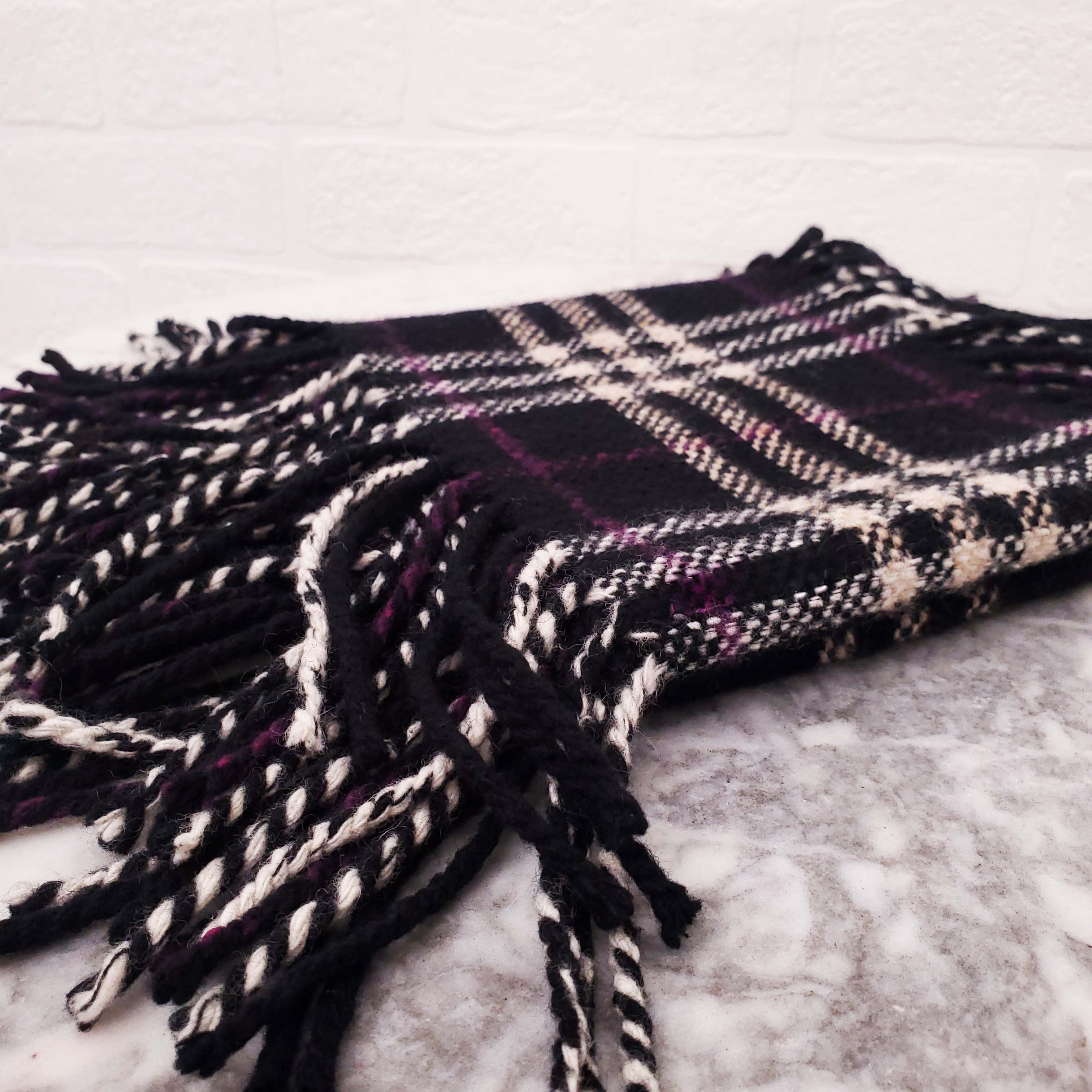 BURBERRY BLACK, CREAM AND PURPLE CHECK SCARF WITH FRINGE - Image 4