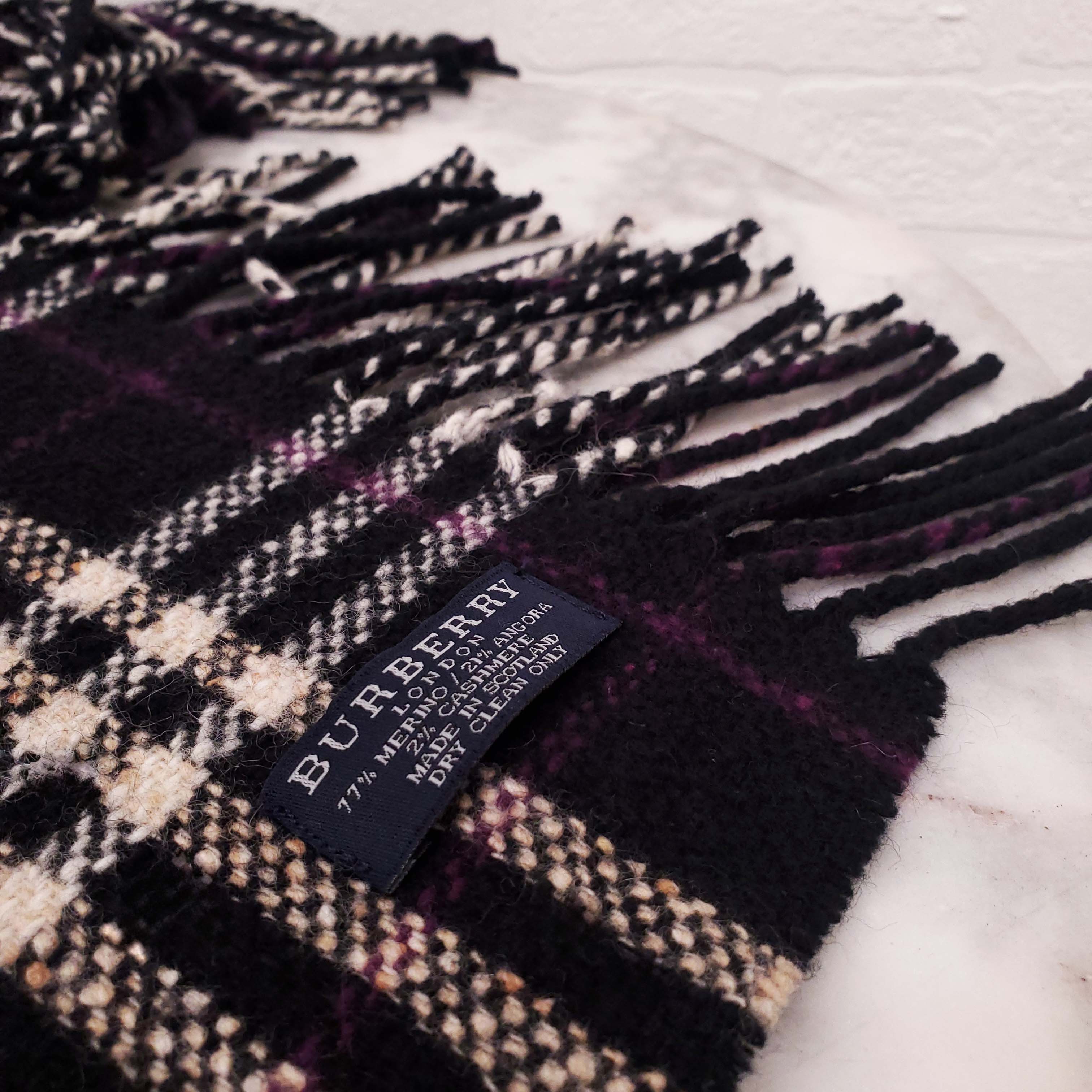 BURBERRY BLACK, CREAM AND PURPLE CHECK SCARF WITH FRINGE - Image 5