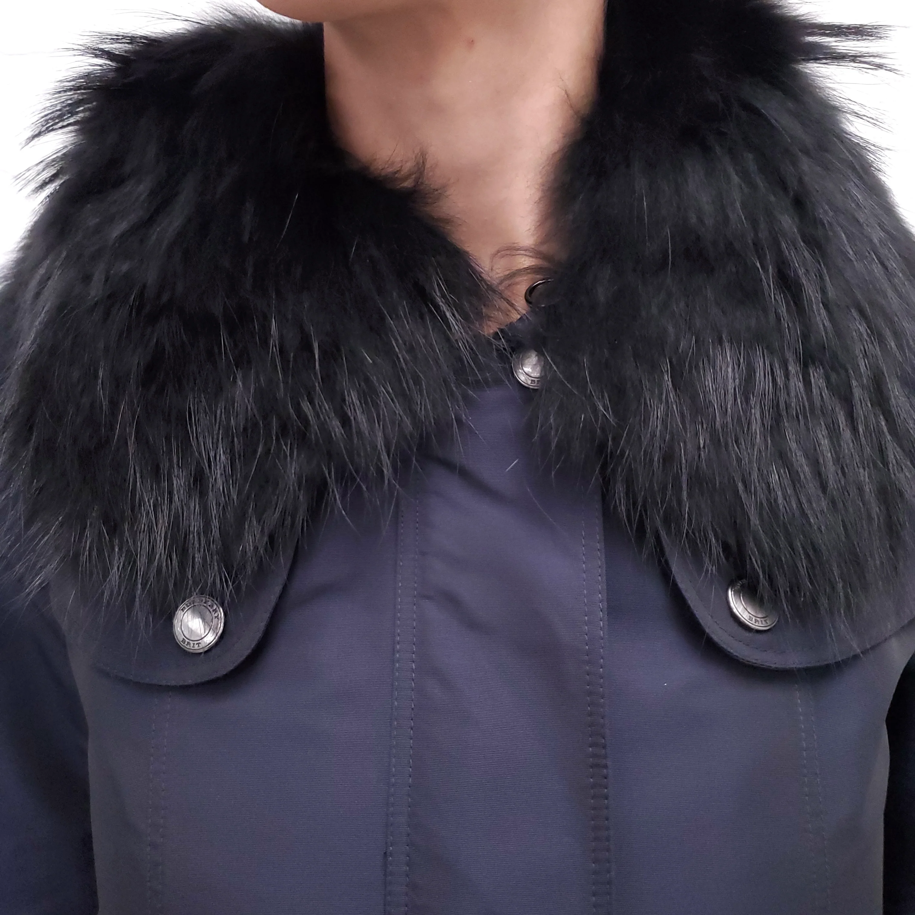 BURBERRY BRIT NAVY COAT WITH FUR HOOD - SIZE 2 - Image 3