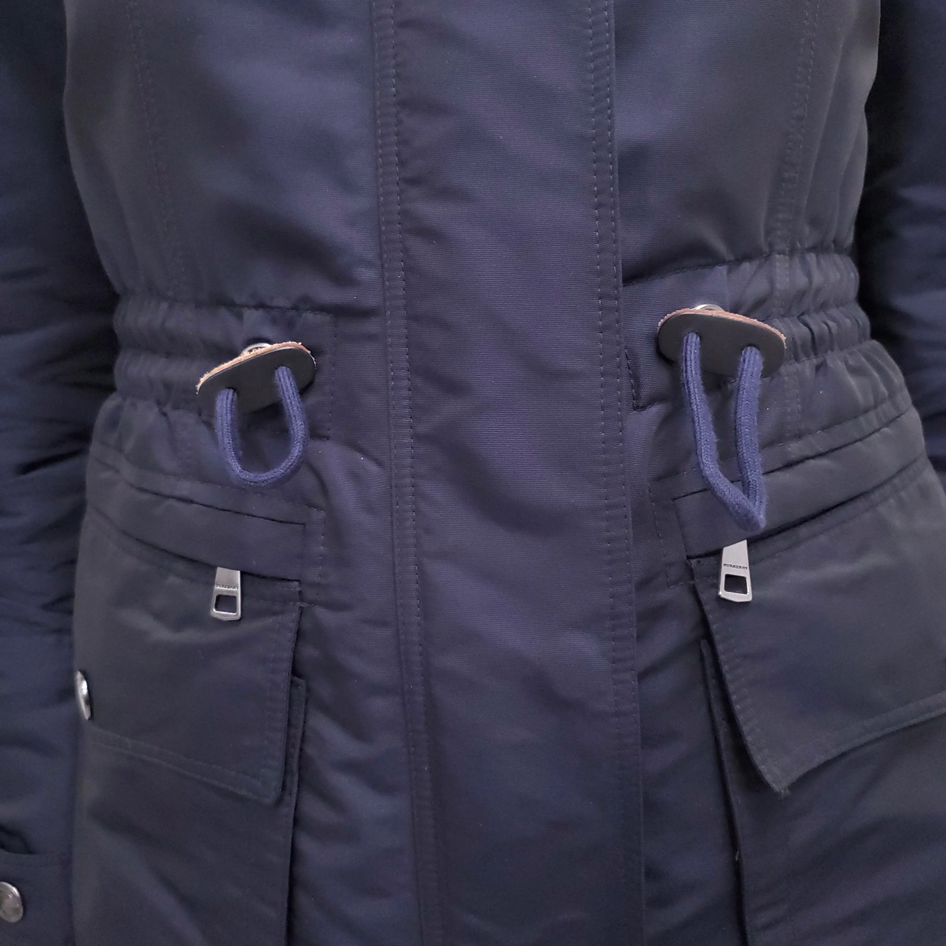 BURBERRY BRIT NAVY COAT WITH FUR HOOD - SIZE 2 - Image 5