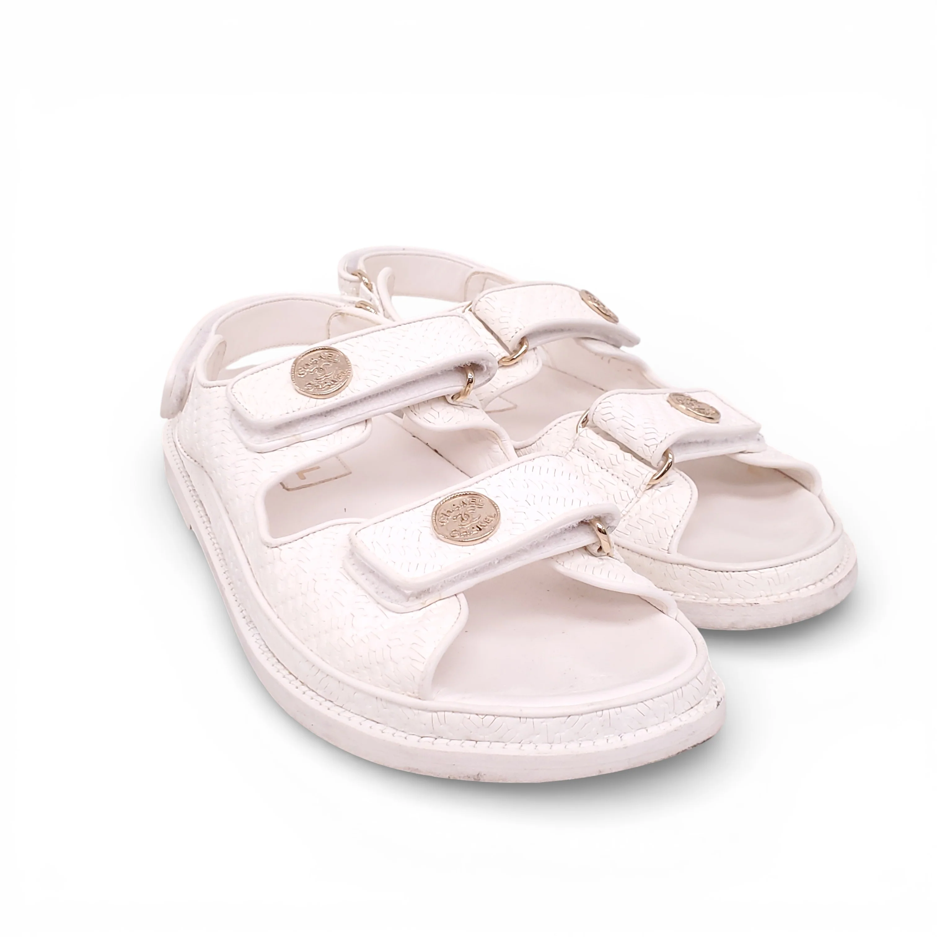 CHANEL CREAM TEXTURED LEATHER DAD SANDALS WITH LOGO - SIZE 39 - Image 3