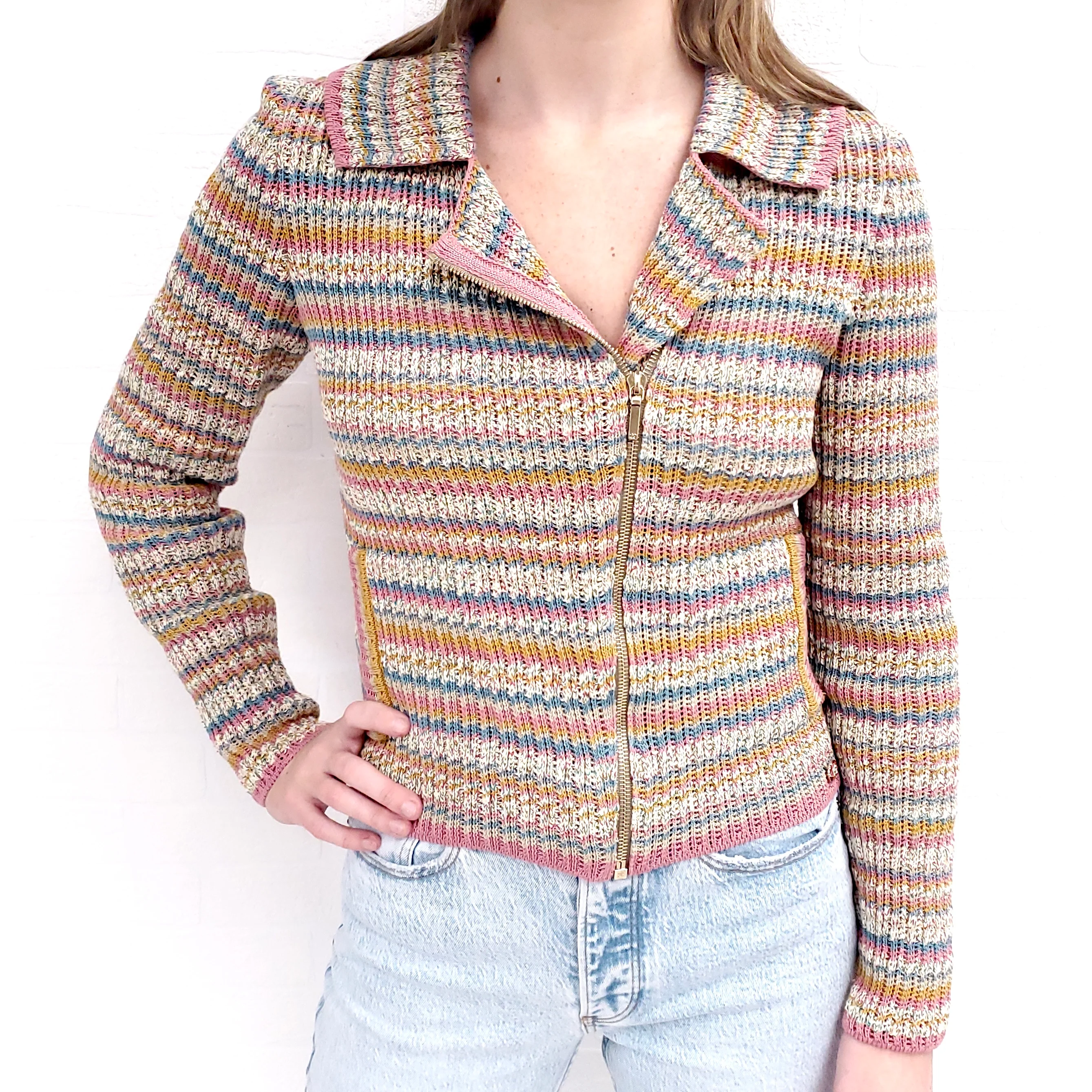 CHANEL STRIPE KNIT ZIP UP SWEATER - SIZE 34 - Image 6