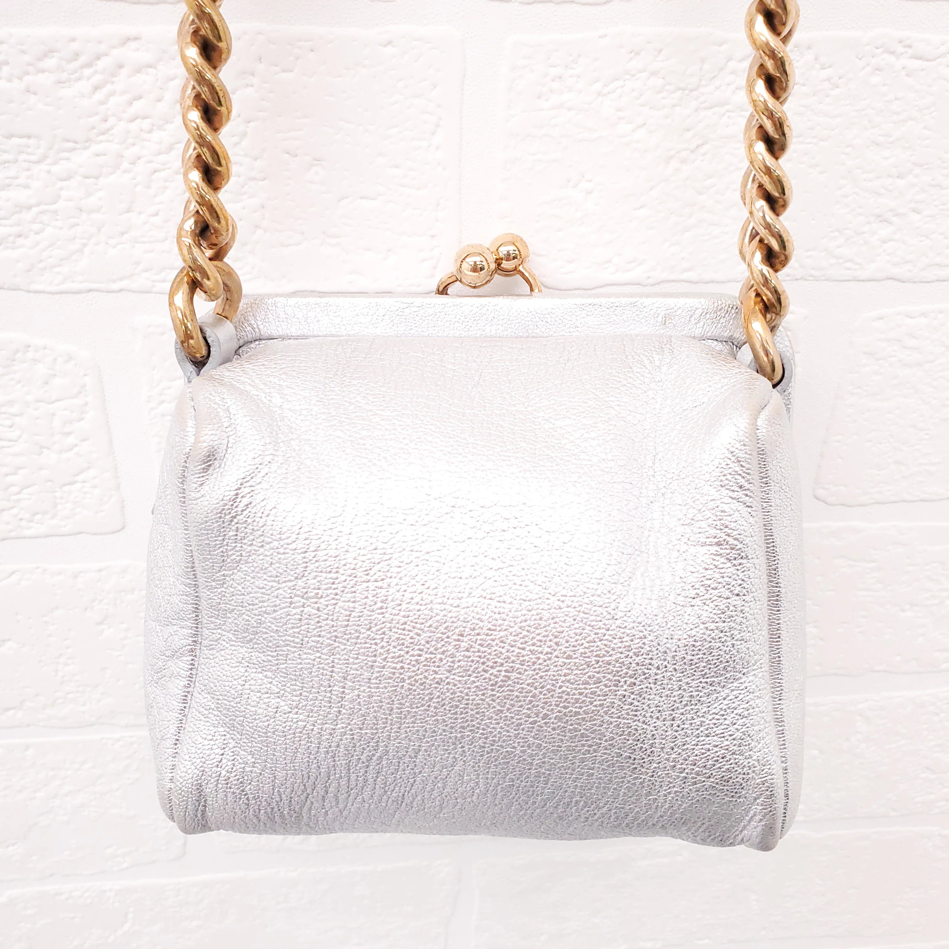 DOLCE & GABBANA SILVER LEATHER MINI PURSE WITH GOLD LOGO - Image 8