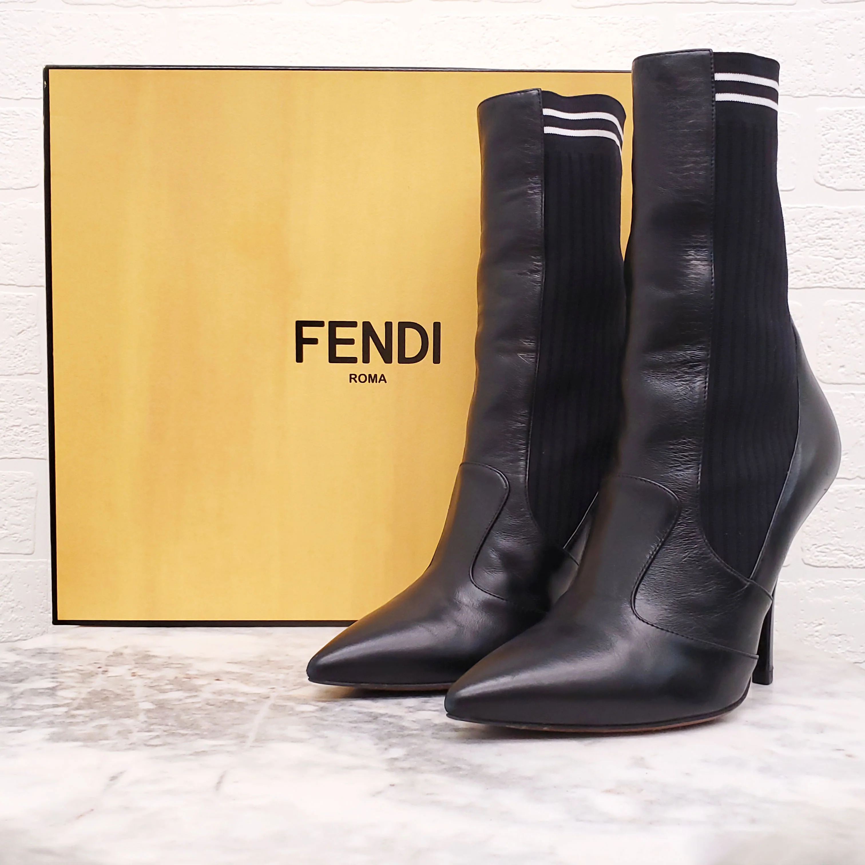 FENDI BLACK LEATHER SOCK BOOTIES - SIZE 38 - Image 11