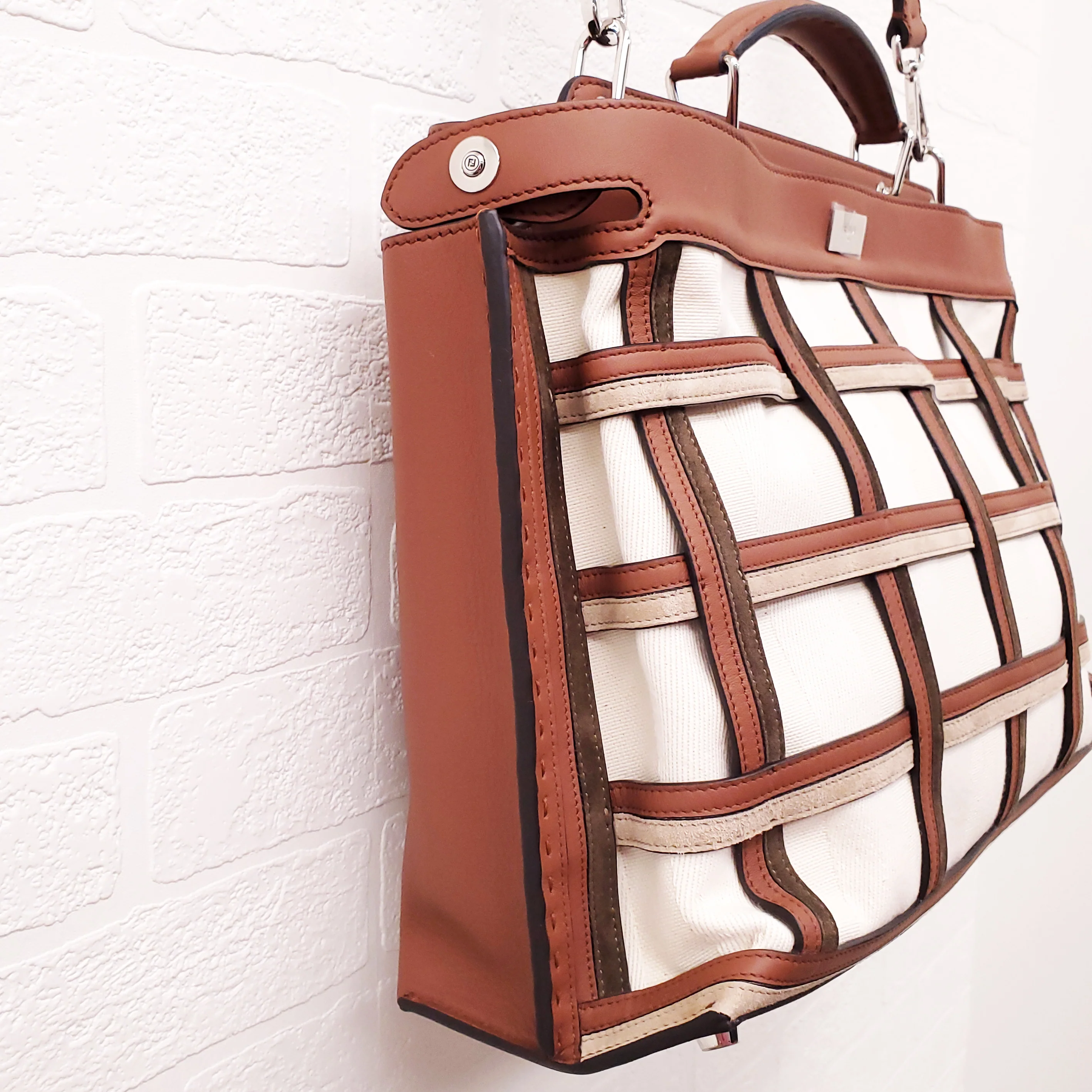 FENDI TAN LEATHER AND CANVAS LARGE 'PANELLED PEEKABOO' BAG - Image 15