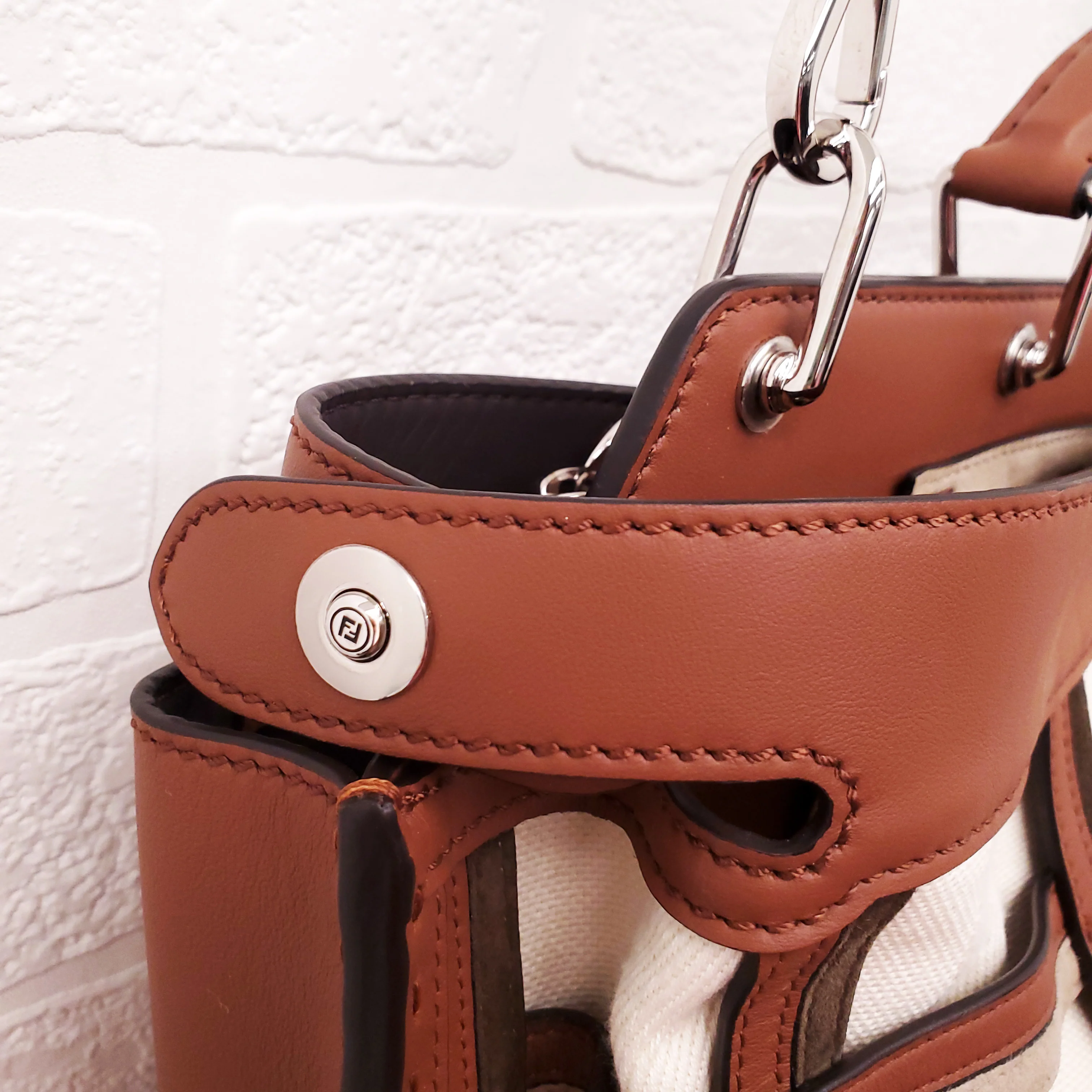 FENDI TAN LEATHER AND CANVAS LARGE 'PANELLED PEEKABOO' BAG - Image 16