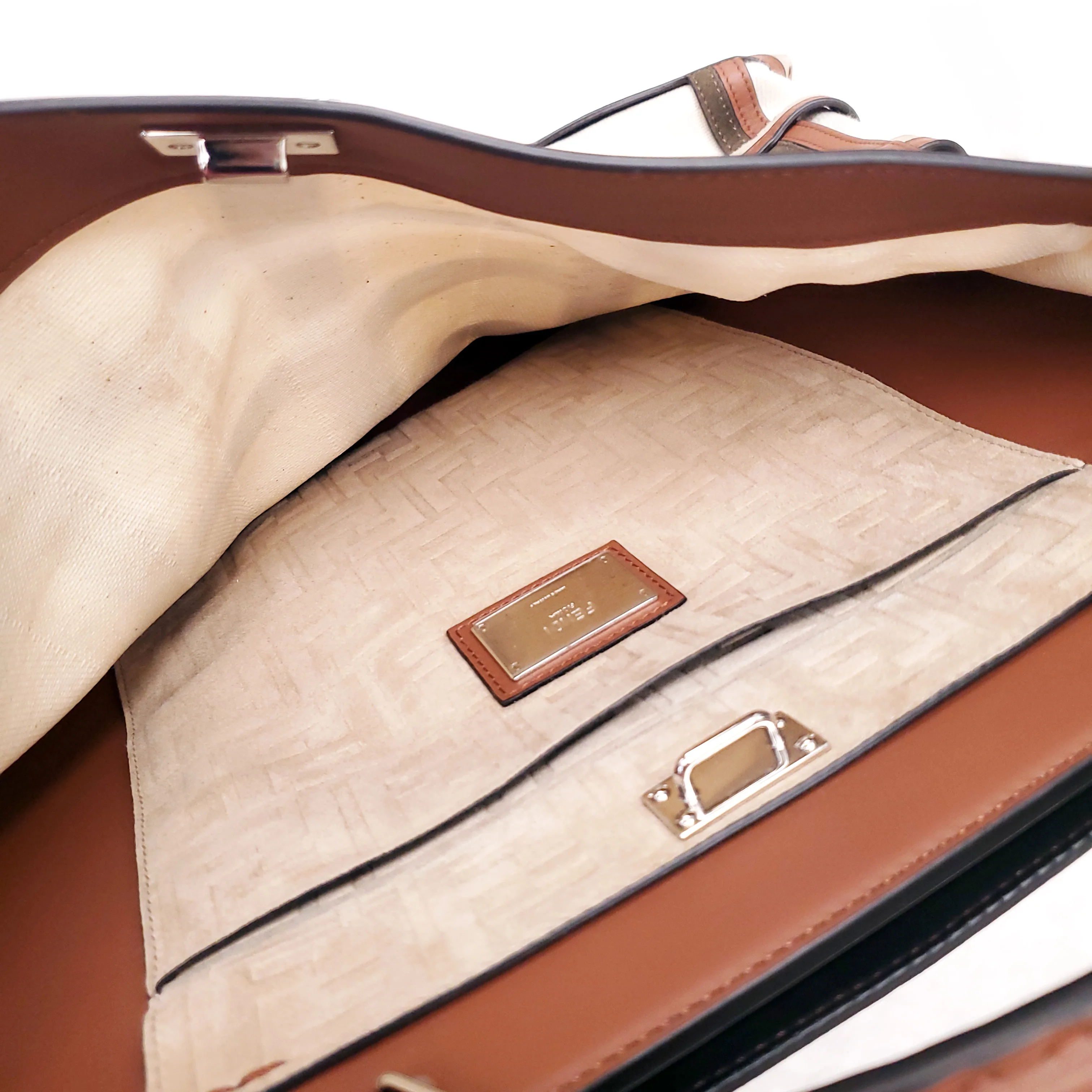 FENDI TAN LEATHER AND CANVAS LARGE 'PANELLED PEEKABOO' BAG - Image 24