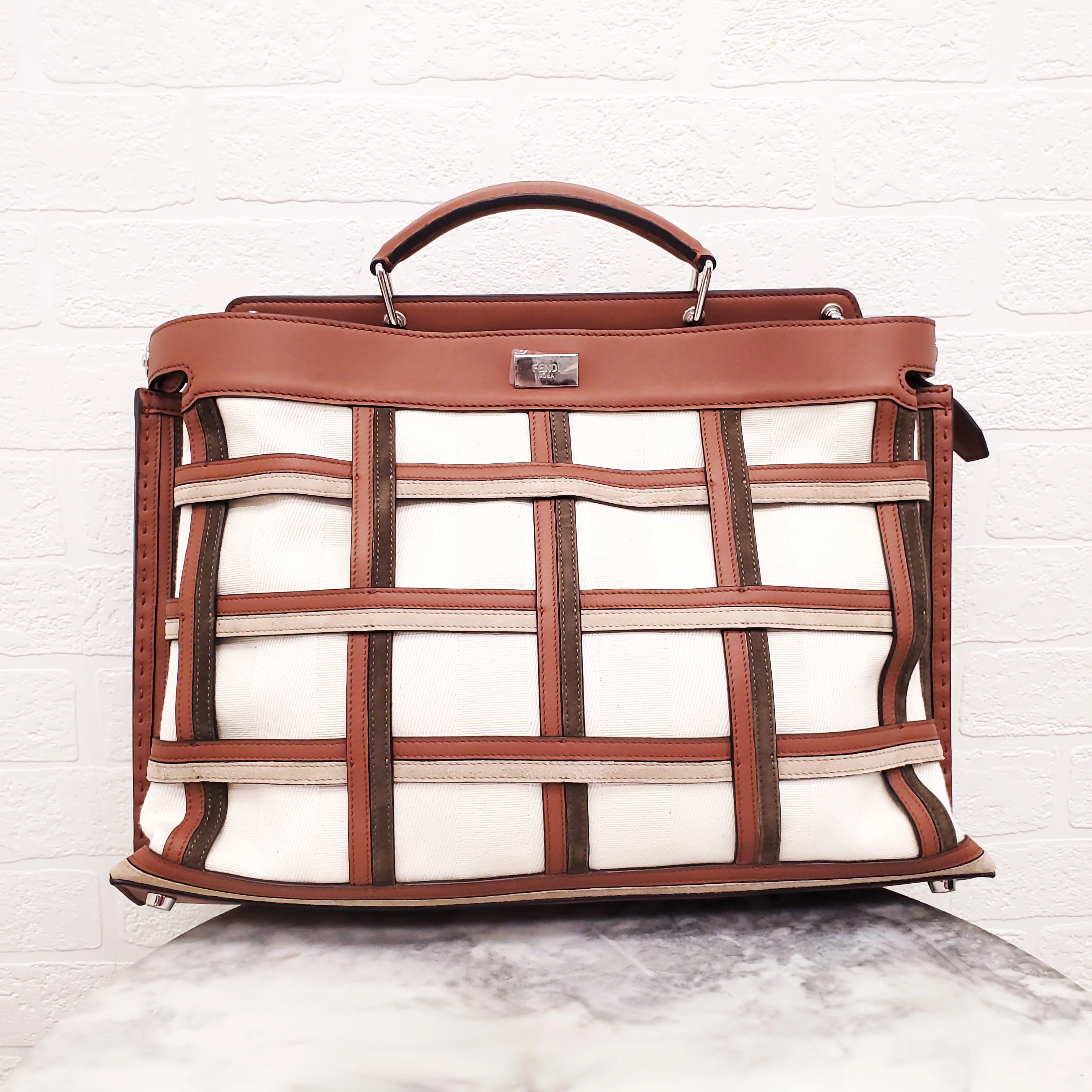 FENDI TAN LEATHER AND CANVAS LARGE 'PANELLED PEEKABOO' BAG - Image 3