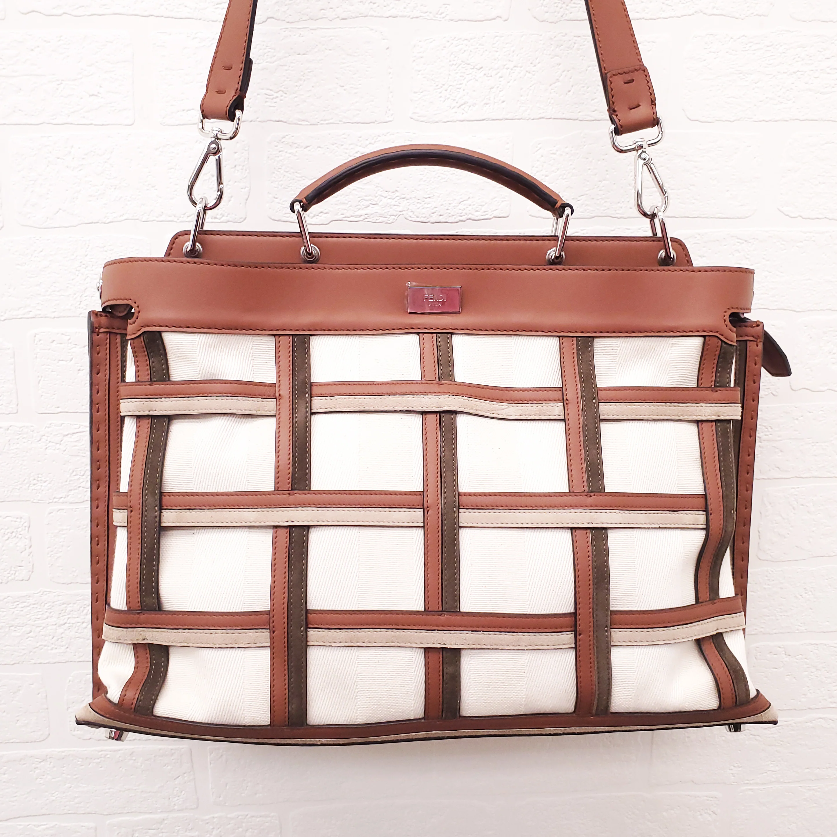 FENDI TAN LEATHER AND CANVAS LARGE 'PANELLED PEEKABOO' BAG - Image 5