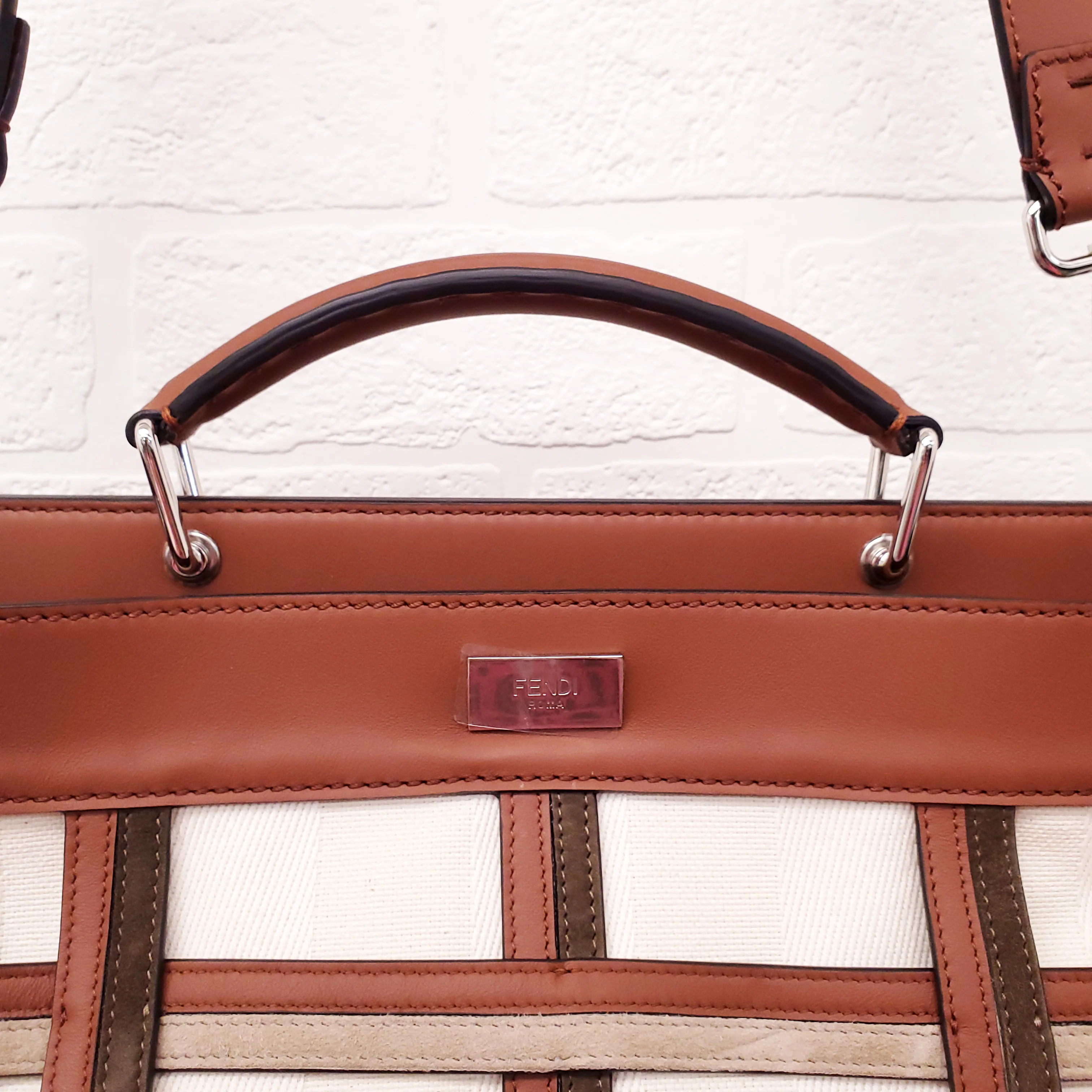 FENDI TAN LEATHER AND CANVAS LARGE 'PANELLED PEEKABOO' BAG - Image 6