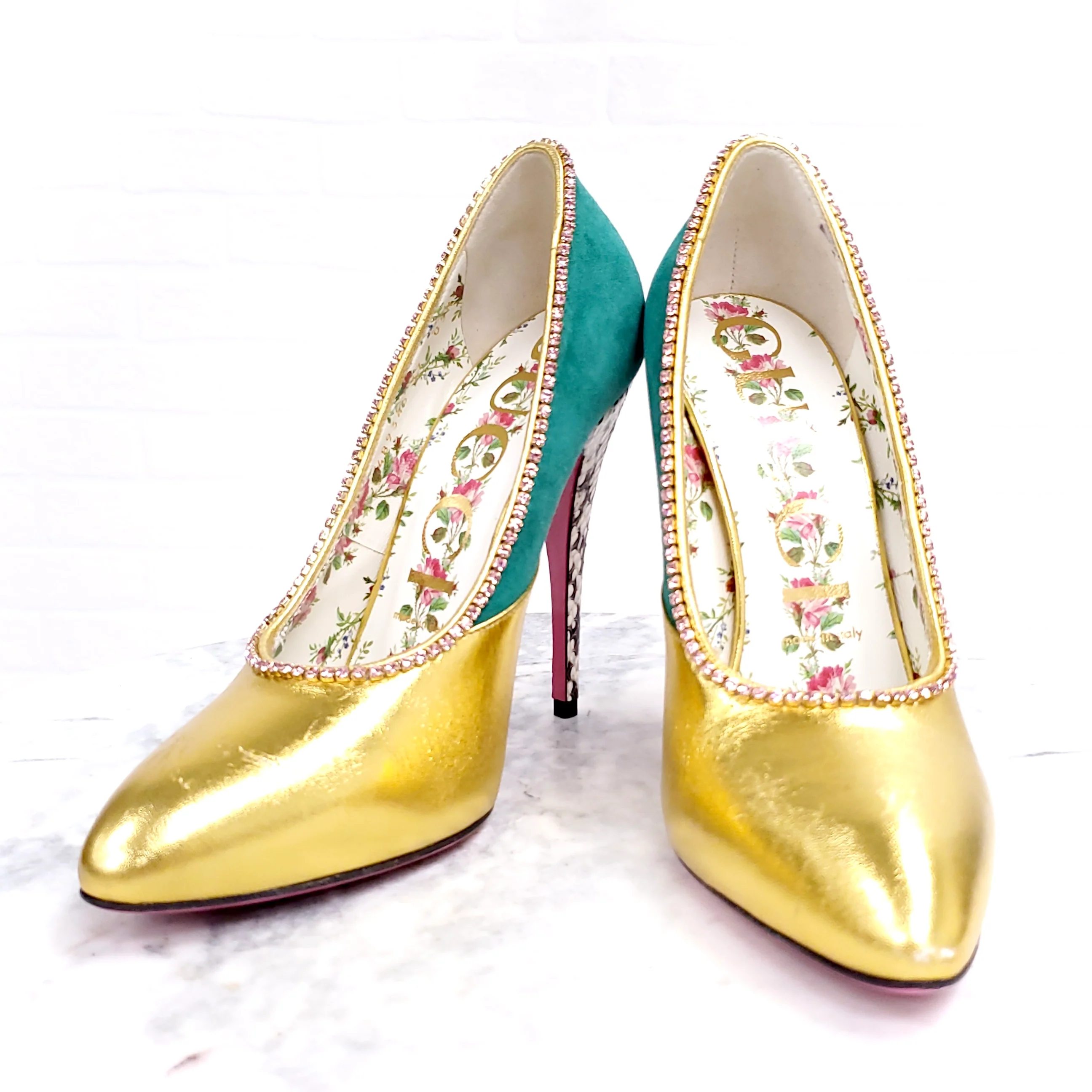 GUCCI GOLD HEELS WITH STONES AND SNAKESKIN HEEL ($1600) - SIZE 37 - Image 3