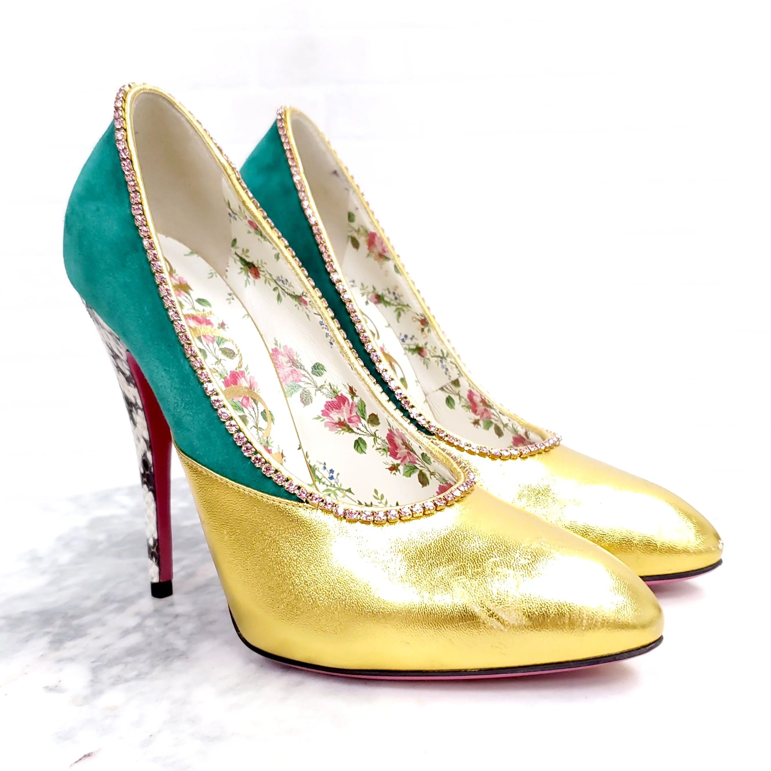GUCCI GOLD HEELS WITH STONES AND SNAKESKIN HEEL ($1600) - SIZE 37 - Image 4