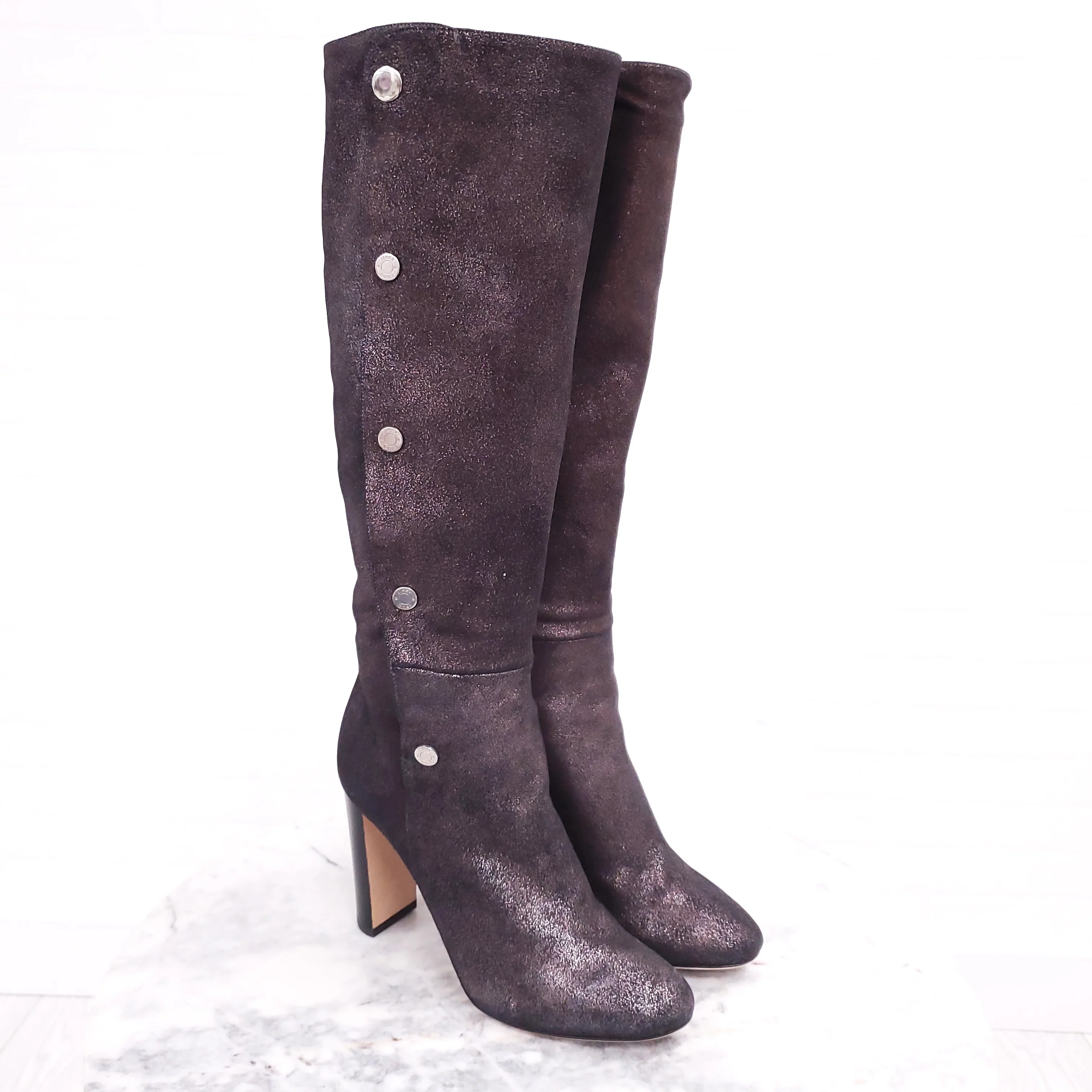 JIMMY CHOO GREY LEATHER SPARKLE KNEE HIGH BOOT WITH BUTTONS ($2095) - SIZE 36.5 - Image 4