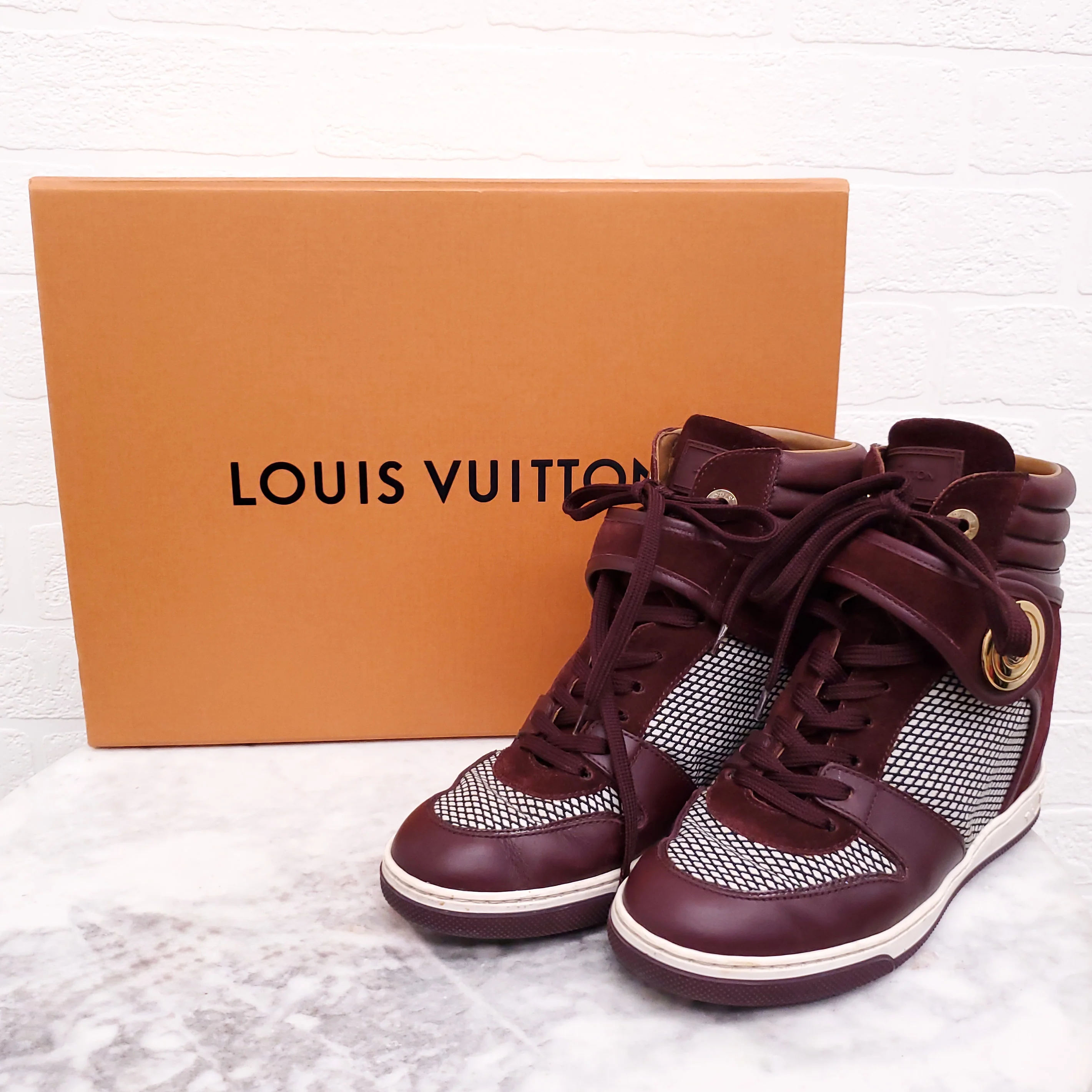 LOUIS VUITTON BURGUNDY HIGH TOP SNEAKERS - SIZE 37 - Image 4