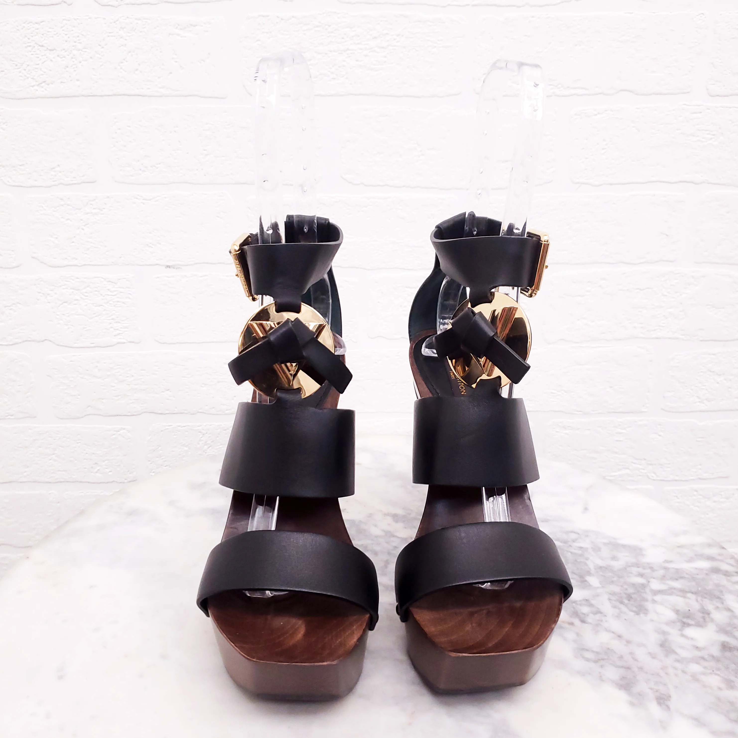 LOUIS VUITTON LEATHER WOODEN PLATFORM SANDALS - SIZE 37.5 - Image 3