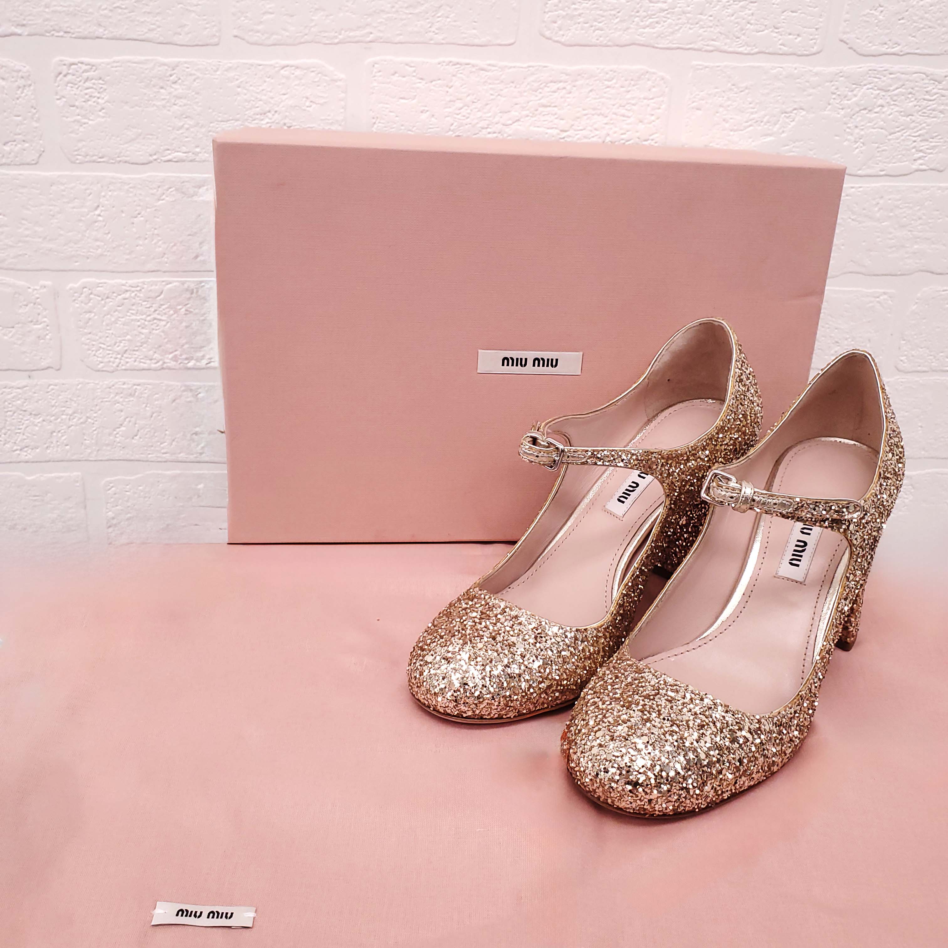 MIU MIU GOLD SPARKLE BLOCK HEELS WITH CRYSTAL DETAILS - SIZE 36 - Image 3