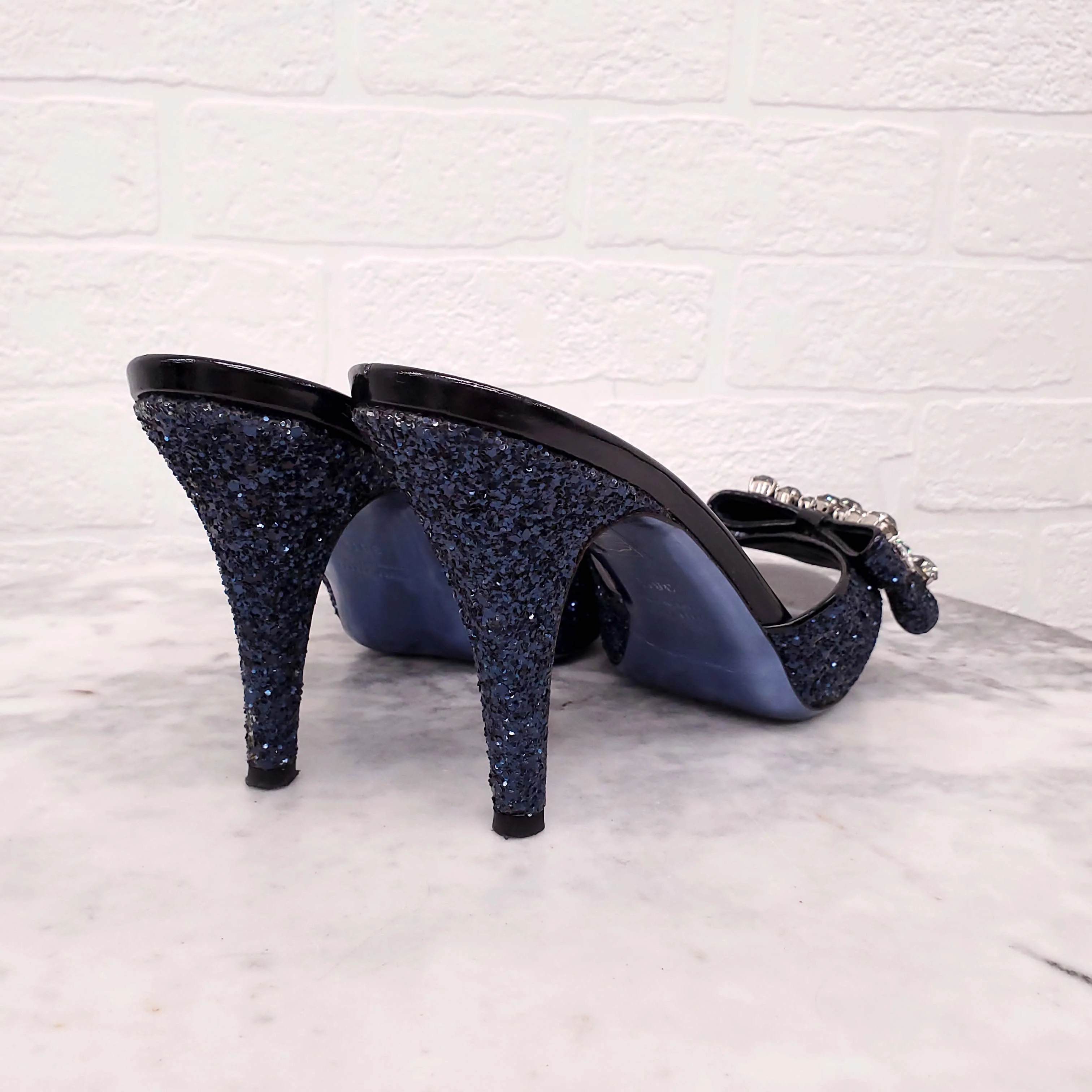 MIU MIU NAVY SEQUIN MULES WITH CRYSTAL BOW - SIZE 38.5 - Image 3