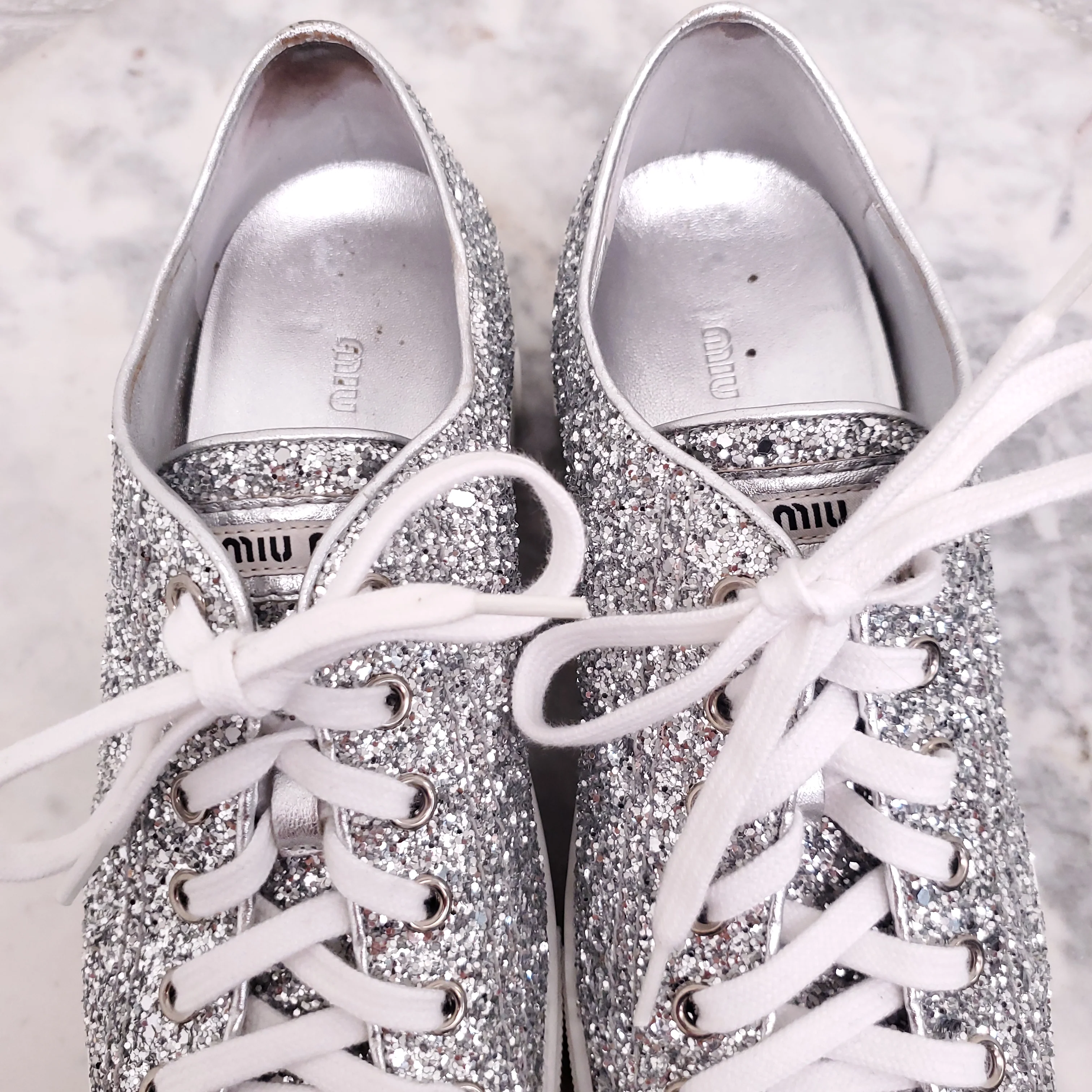 MIU MIU SILVER SEQUIN LOGO SNEAKERS - SIZE 37 - Image 3