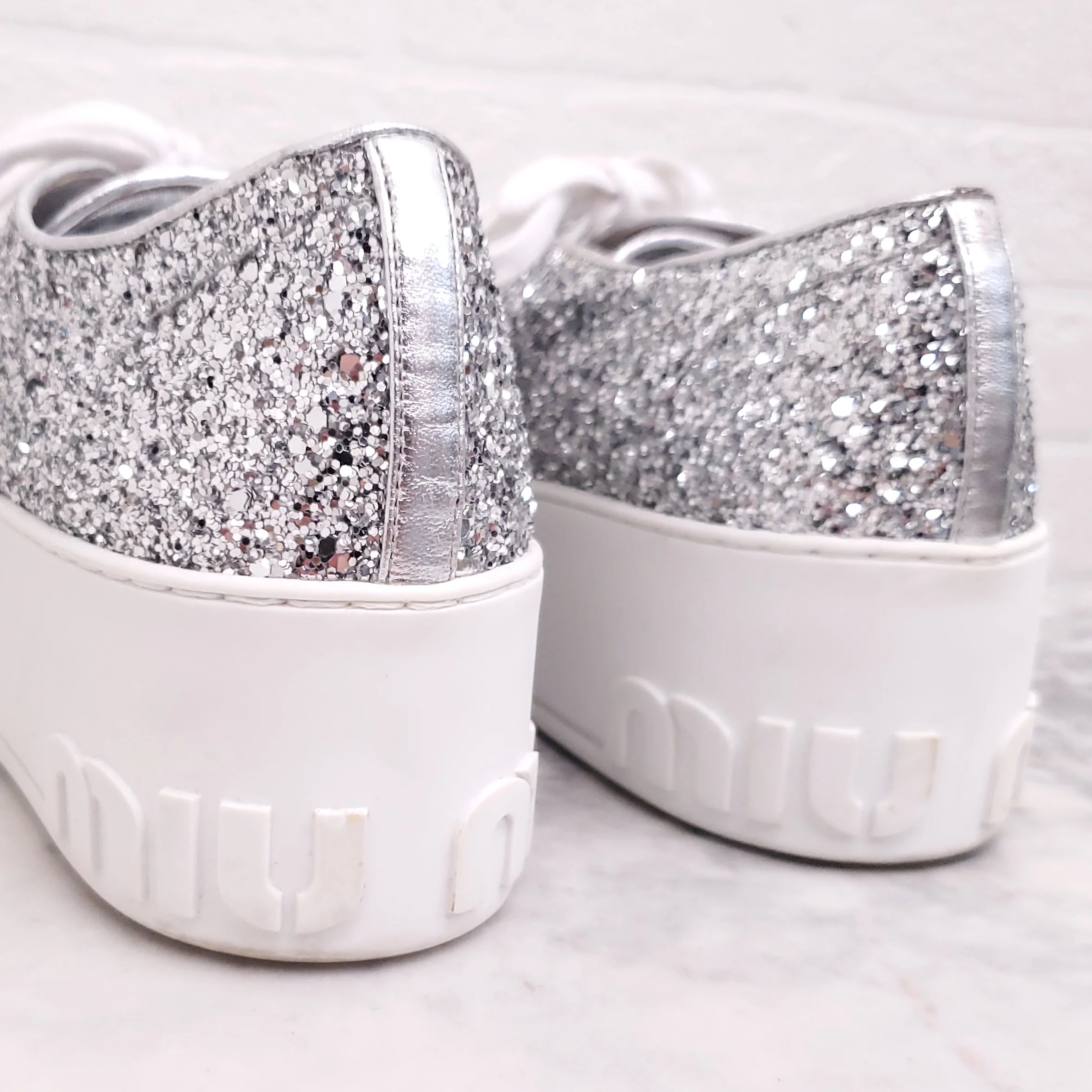 MIU MIU SILVER SEQUIN LOGO SNEAKERS - SIZE 37 - Image 4