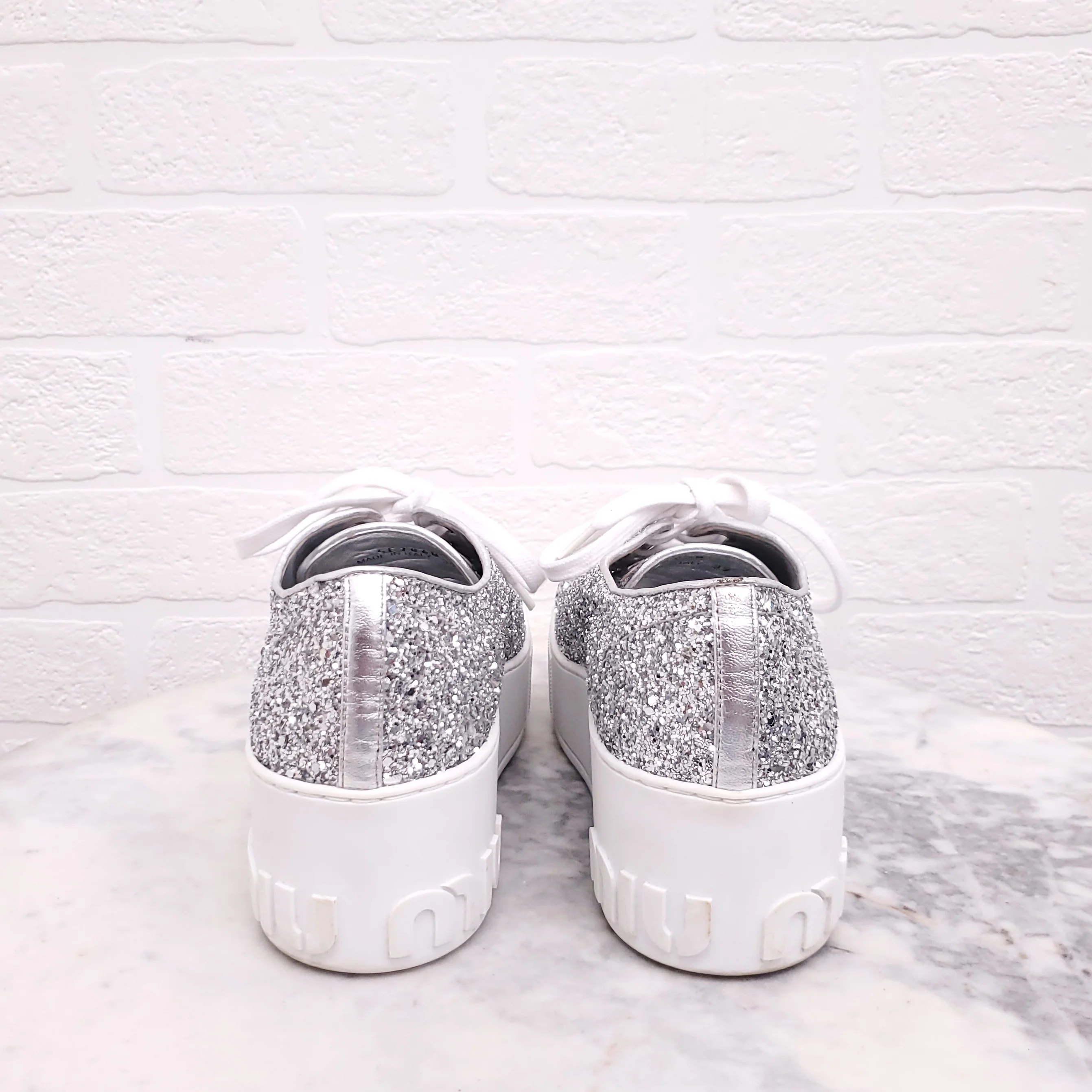 MIU MIU SILVER SEQUIN LOGO SNEAKERS - SIZE 37 - Image 5
