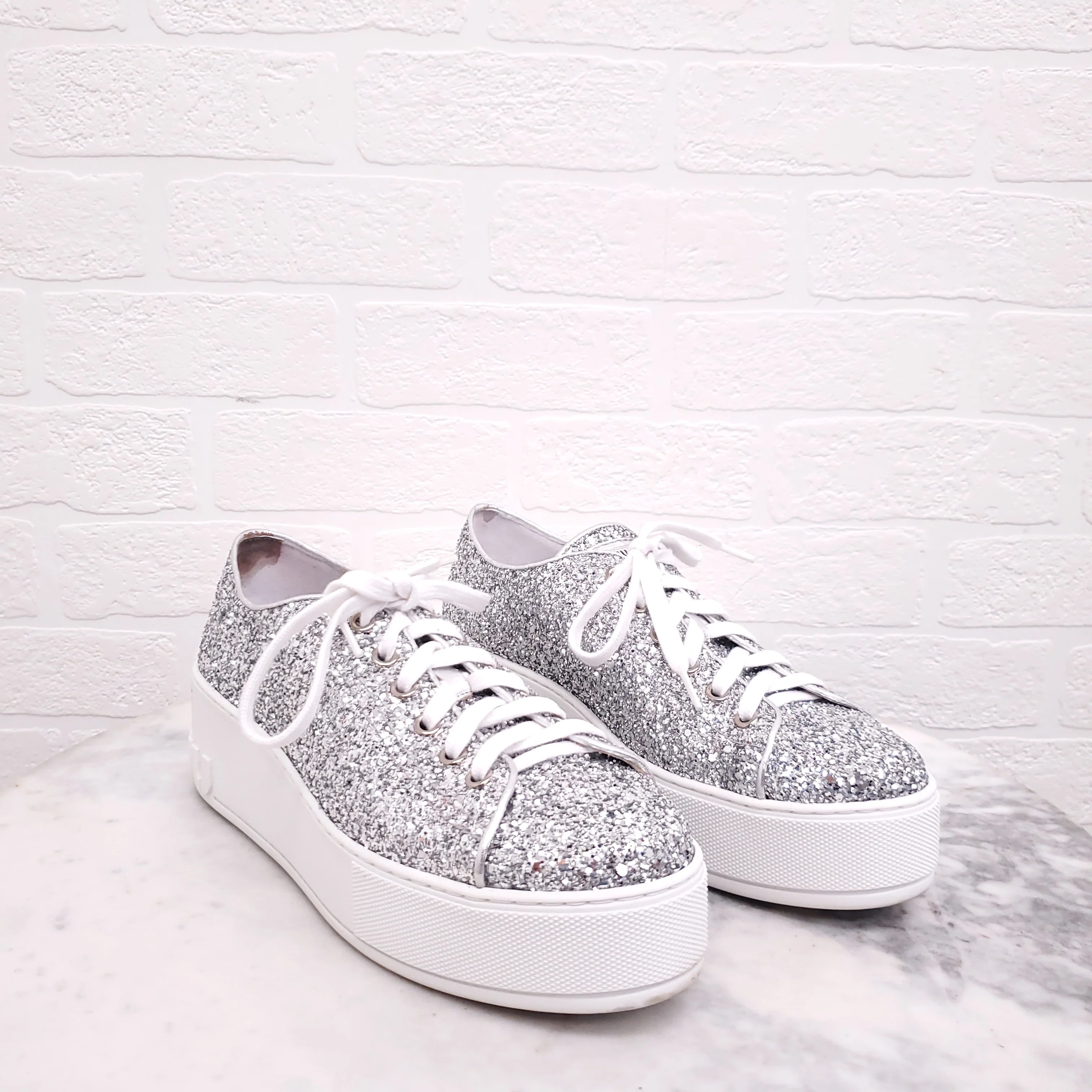 MIU MIU SILVER SEQUIN LOGO SNEAKERS - SIZE 37 - Image 6