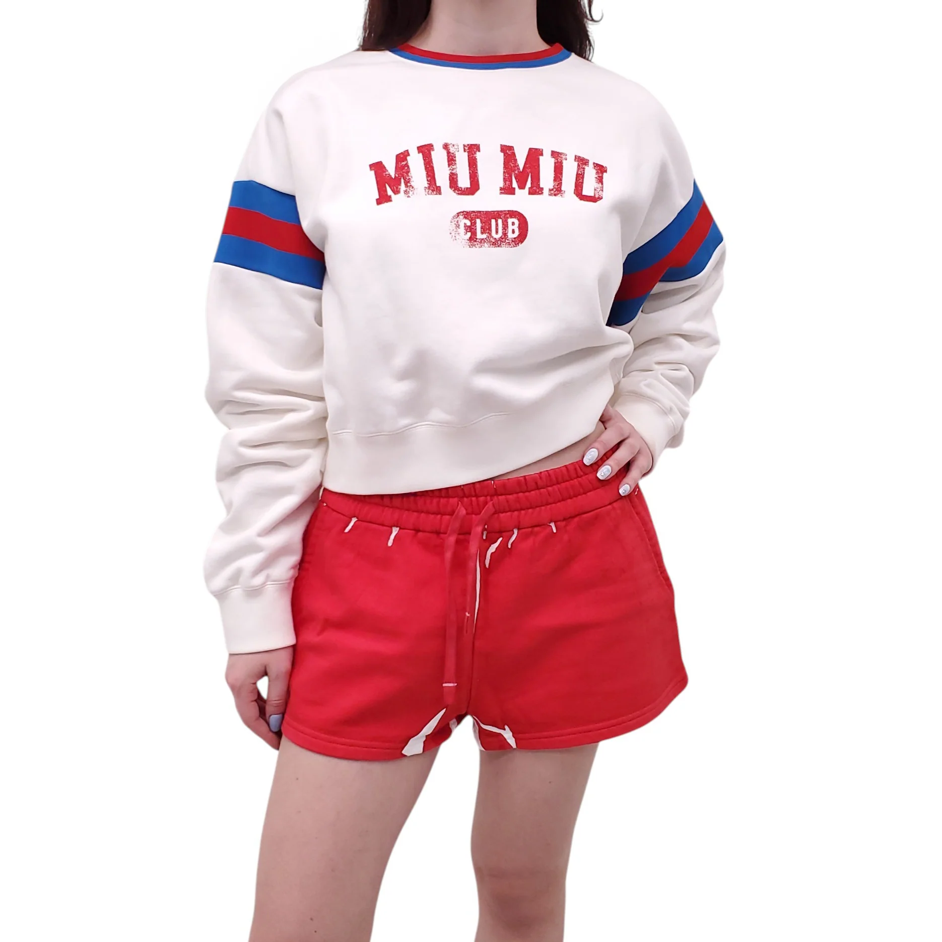 MIU MIU WHITE LOGO CROPPED SWEATER WITH BLUE AND RED STRIPE DETAIL - SIZE M - Image 3