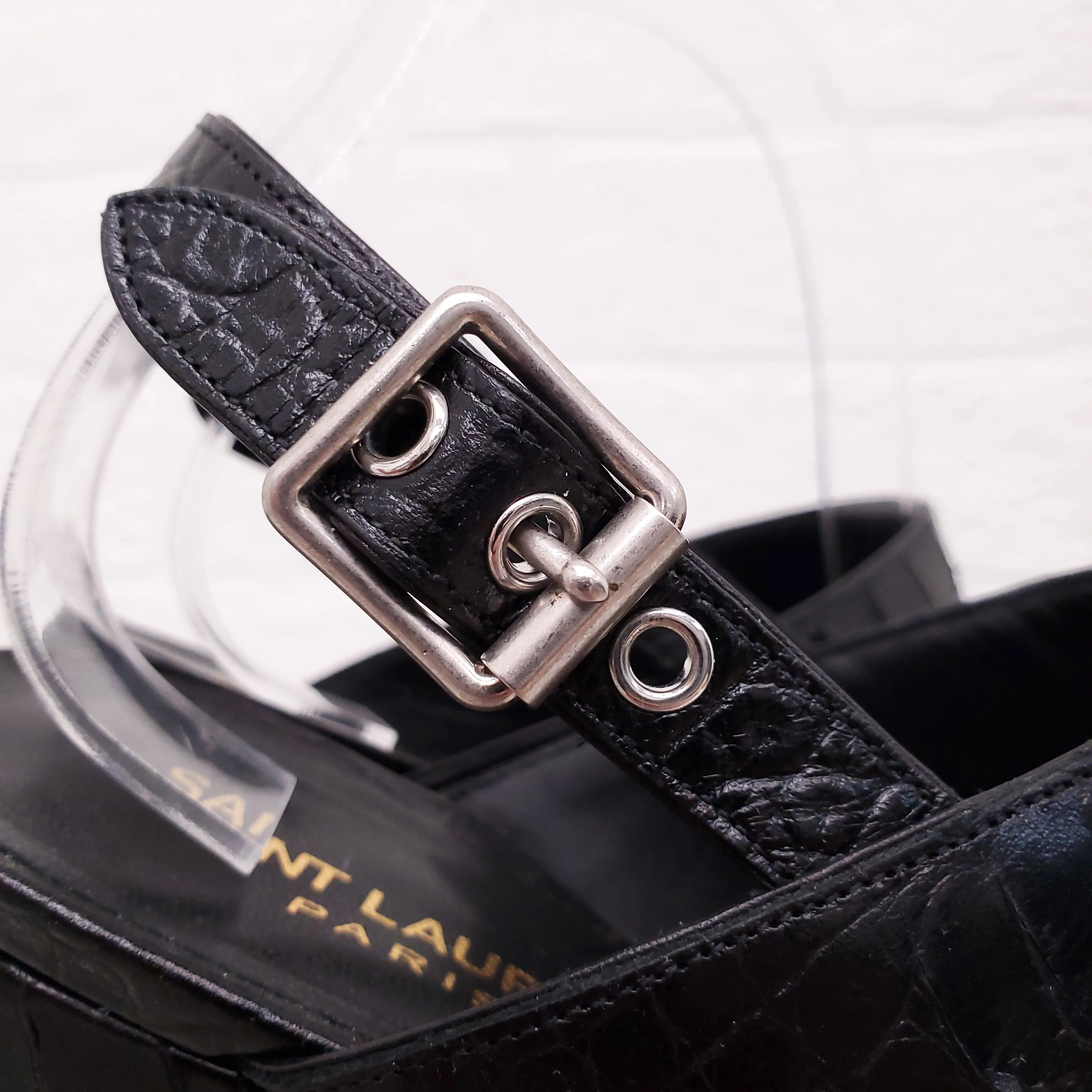 SAINT LAURENT BLACK CROC EFFECT BLOCK SANDALS - SIZE 40 - Image 5