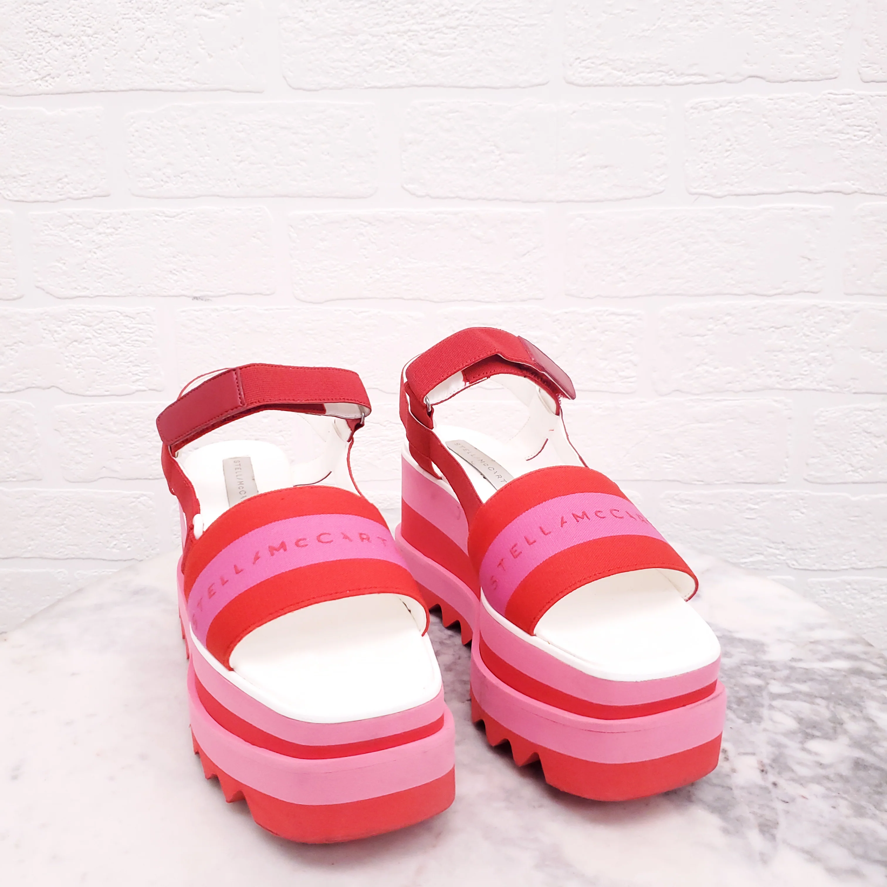 STELLA MCCARTNEY PINK AND RED LOGO PLATFORM SANDALS - SIZE 37 - Image 3