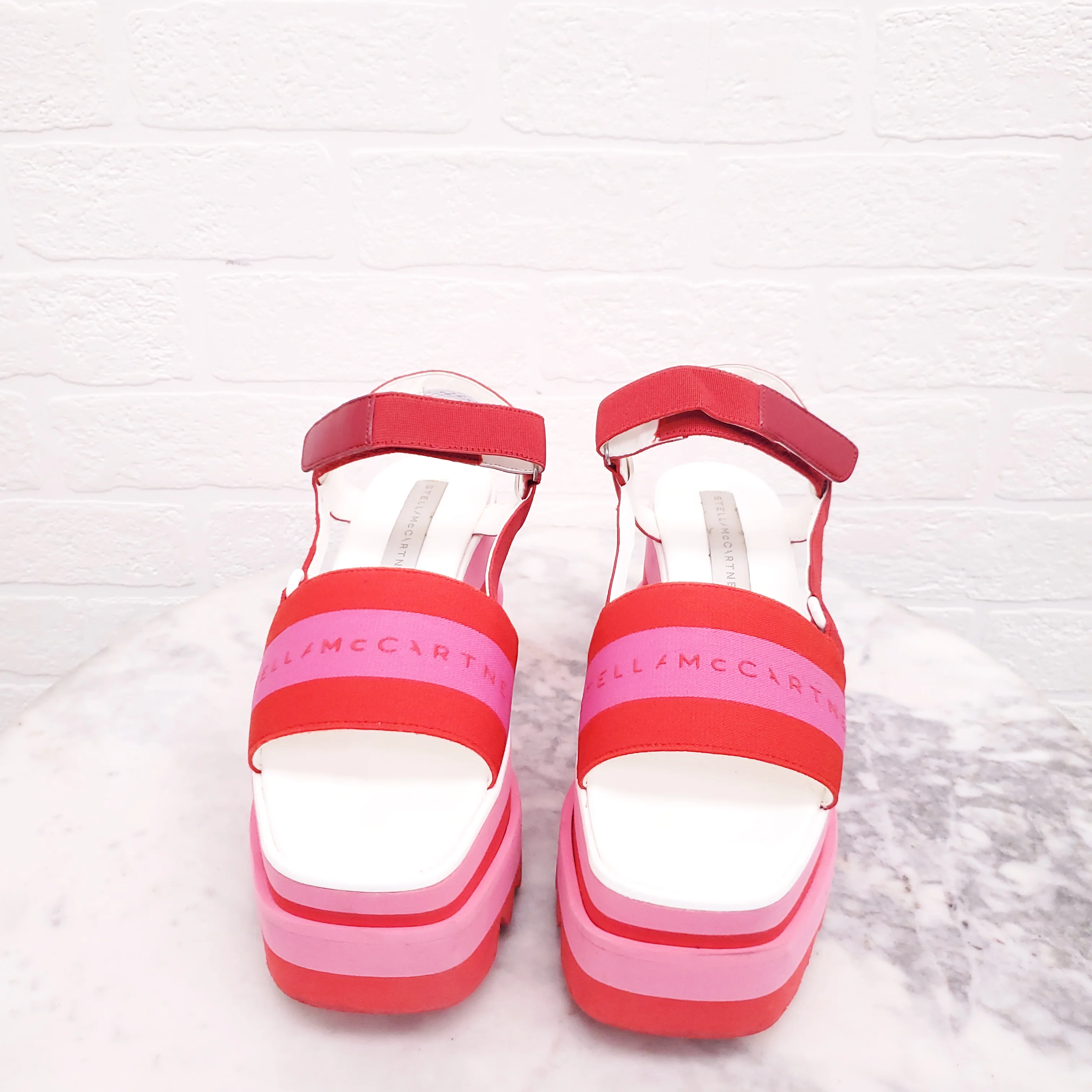STELLA MCCARTNEY PINK AND RED LOGO PLATFORM SANDALS - SIZE 37 - Image 4